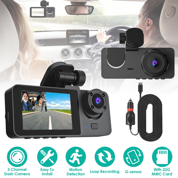 3-Channel Dash Cam — Front, Rear & Interior, 32GB Included