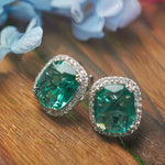 Cushion Shape Emerald Green CZ Single Halo Stud Earrings For Women, Copper Silver Plated White Crystal Vintage Bridal Wedding Daily Statement Jewelry Gift