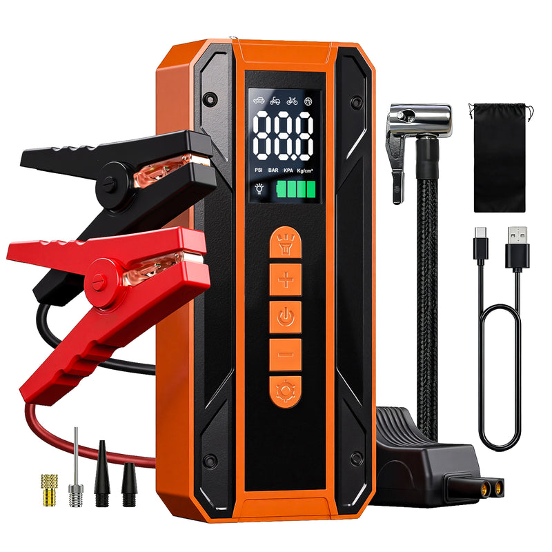 Air Pump Car Jumper Starter Portable Battery Pack With 150PSI Tire Inflator, 12V Jumper Box For Car Charger Battery Booster With LCD Display, 3-Mode Emergency Flashlight