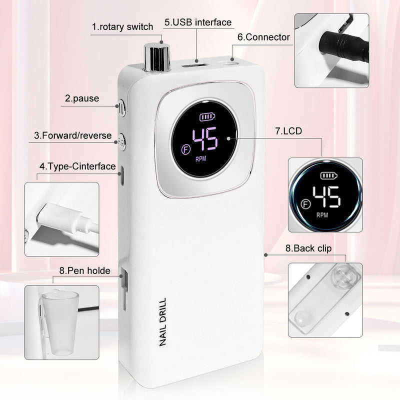 Rechargeable Nail Drill Kit — 45000 RPM, Cordless