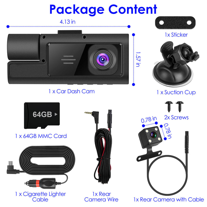 WiFi FHD 1080P Car Dash Cam 3 Channels Front Rear Inside Dash Camera With Loop Recording Reversing Visual 170 Degree Wide Angle 64G Card Included 1Pc