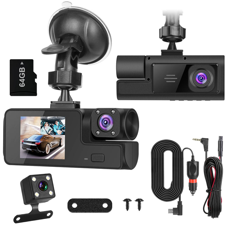 WiFi FHD 1080P Car Dash Cam 3 Channels Front Rear Inside Dash Camera With Loop Recording Reversing Visual 170 Degree Wide Angle 64G Card Included 1Pc