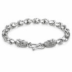 Double Dragon Head Braided Curb Link Bracelet For Men, Copper Plated Silver Vintage Chinese Lucky Dragon Toggle Clasp Biker Punk Wrist Jewelry Gift