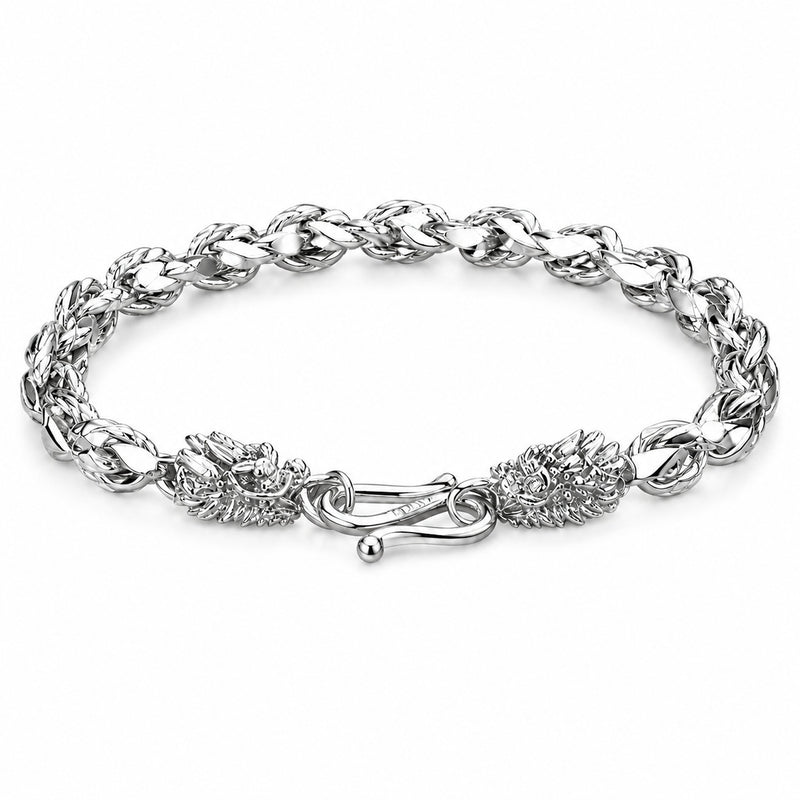 Double Dragon Head Braided Curb Link Bracelet For Men, Copper Plated Silver Vintage Chinese Lucky Dragon Toggle Clasp Biker Punk Wrist Jewelry Gift