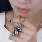 Silver Plated Copper Pixiu Pendant Necklace, Vintage Inlaid Oval Red Gem Chinese Wealth Symbol Animal Necklace For Women Men