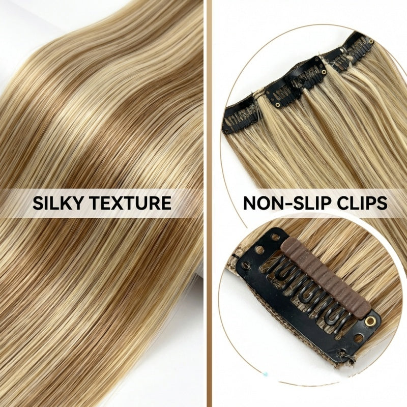 Clip-In Hairpiece — Brown & Blonde Highlights, Heat-Safe, Natural Fit