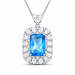 Cushion Cut Blue Cubic Zirconia Halo Pendant Necklace For Women, Copper Plated Silver Heart Bail White Pear Shape CZ Halo Statement Wedding Jewelry Gift