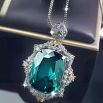 Oval Cut Simulated Emerald Halo Pendant Necklace For Women, Two-Tone Copper Plated Silver White CZ Vintage Royal Wedding Bridal Statement Jewelry Gift