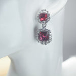 Two-Tier Princess Cut Red CZ Double Halo Dangle Drop Earrings For Women, Copper Silver Plated White Crystal Vintage Wedding Banquet Statement Jewelry Gift