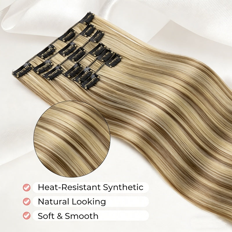 Clip-In Hairpiece — Brown & Blonde Highlights, Heat-Safe, Natural Fit