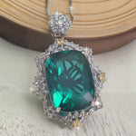 Oval Cut Simulated Emerald Halo Pendant Necklace For Women, Two-Tone Copper Plated Silver White CZ Vintage Royal Wedding Bridal Statement Jewelry Gift