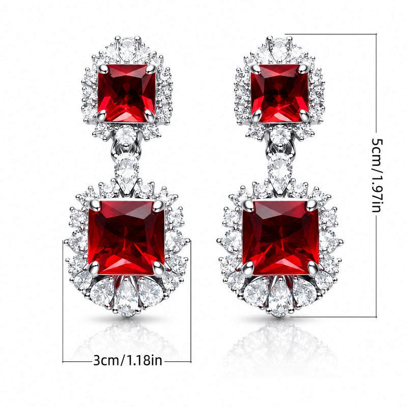 Two-Tier Princess Cut Red CZ Double Halo Dangle Drop Earrings For Women, Copper Silver Plated White Crystal Vintage Wedding Banquet Statement Jewelry Gift