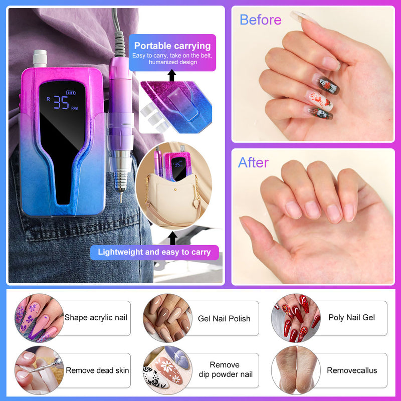 Professional Electric Nail Drill, 45000 RPM Cordless Rechargeable E-File Machine, With 12 Bits, Sanding Bands, LCD Display For Acrylic Gel Nails