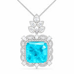 Square Cut Paraiba Blue CZ Multi-Shape Halo Pendant Necklace For Women, Copper Plated Silver Pear & Round White Cubic Zirconia Vintage Luxury Wedding Statement Jewelry Gift