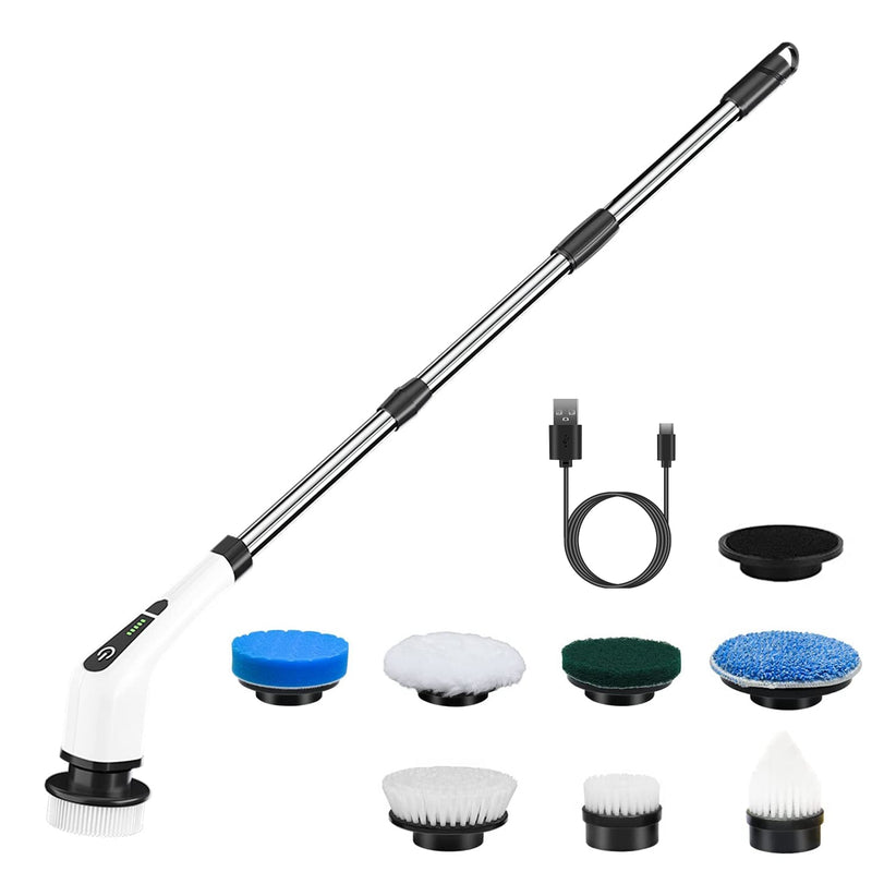 Electric Spin Scrubber Cordless Rechargeable Telescopic Cleaning Brush 8 Replaceable Heads 2 Speed Adjustable Extension Arm Bathroom Tub Tile Floor 1Pc