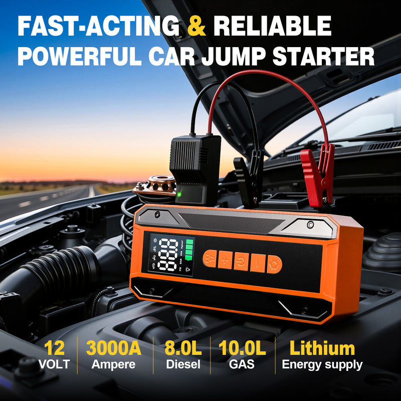 Air Pump Car Jumper Starter Portable Battery Pack With 150PSI Tire Inflator, 12V Jumper Box For Car Charger Battery Booster With LCD Display, 3-Mode Emergency Flashlight