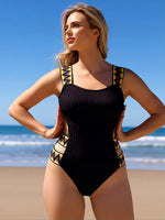 Black Ribbed One-Piece Swimsuit — Tribal Straps & Side Cutout