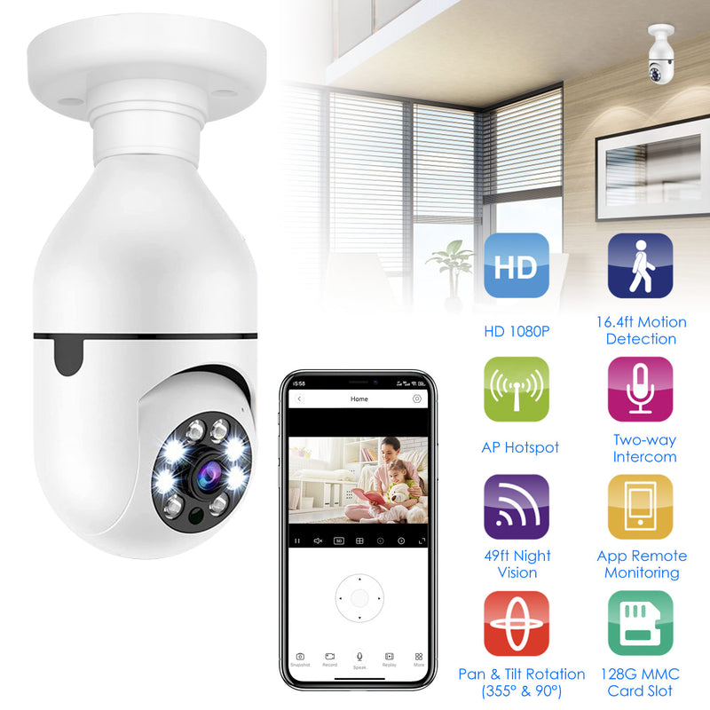 E27 WiFi Bulb Camera 1080P FHD WiFi IP Pan Tilt Security Surveillance Camera With Two-Way Audio Night Vision Motion Detection Function APP Control