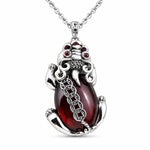 Silver Plated Copper Pixiu Pendant Necklace, Vintage Inlaid Oval Red Gem Chinese Wealth Symbol Animal Necklace For Women Men