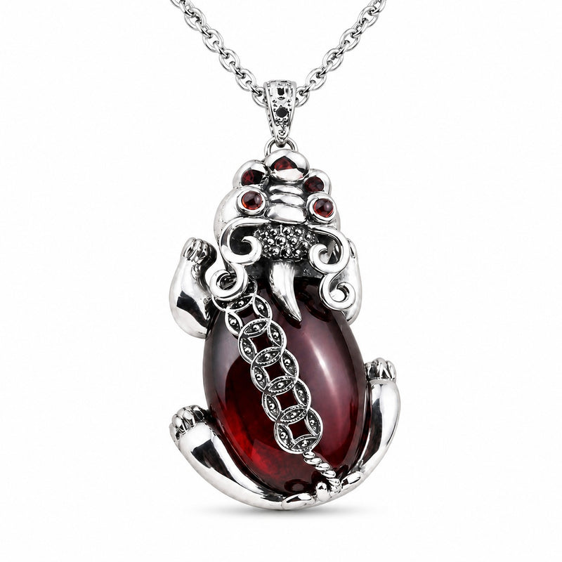 Silver Plated Copper Pixiu Pendant Necklace, Vintage Inlaid Oval Red Gem Chinese Wealth Symbol Animal Necklace For Women Men