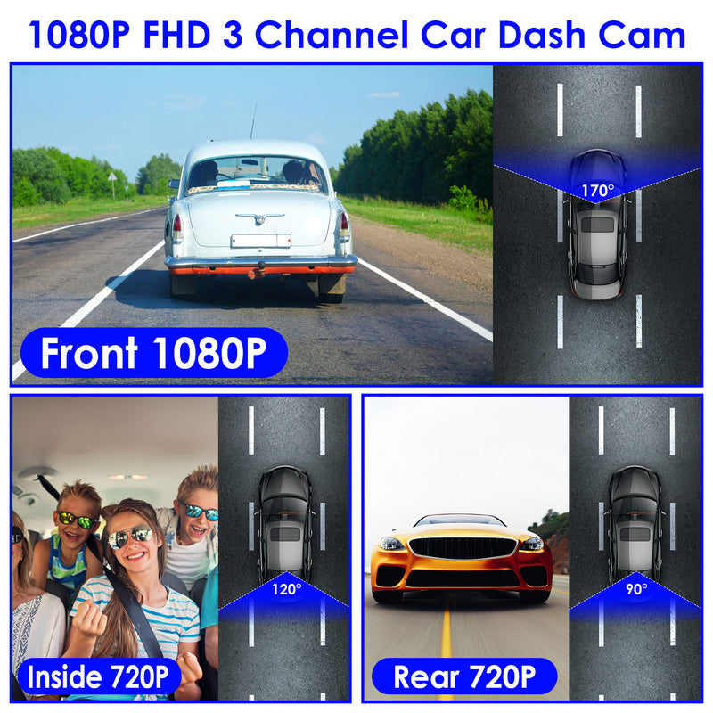 WiFi FHD 1080P Car Dash Cam 3 Channels Front Rear Inside Dash Camera With Loop Recording Reversing Visual 170 Degree Wide Angle 64G Card Included 1Pc