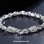 Double Dragon Head Braided Curb Link Bracelet For Men, Copper Plated Silver Vintage Chinese Lucky Dragon Toggle Clasp Biker Punk Wrist Jewelry Gift