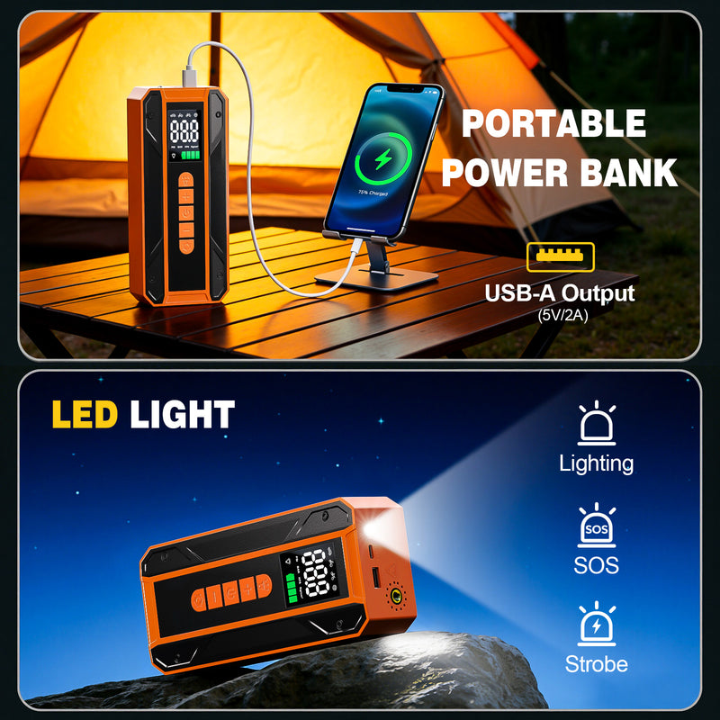 Air Pump Car Jumper Starter Portable Battery Pack With 150PSI Tire Inflator, 12V Jumper Box For Car Charger Battery Booster With LCD Display, 3-Mode Emergency Flashlight
