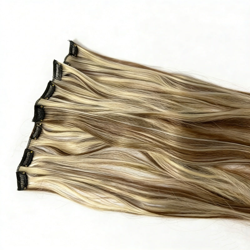 Clip-In Hairpiece — Brown & Blonde Highlights, Heat-Safe, Natural Fit
