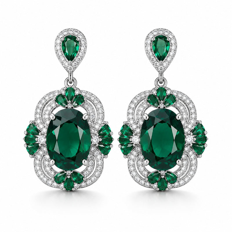 Vintage Oval Emerald CZ Floral Halo Drop Dangle Earrings For Women, Copper Silver Plated Multi Pear Green Crystal White Pave Stone Luxury Wedding Banquet Fine Jewelry Gift
