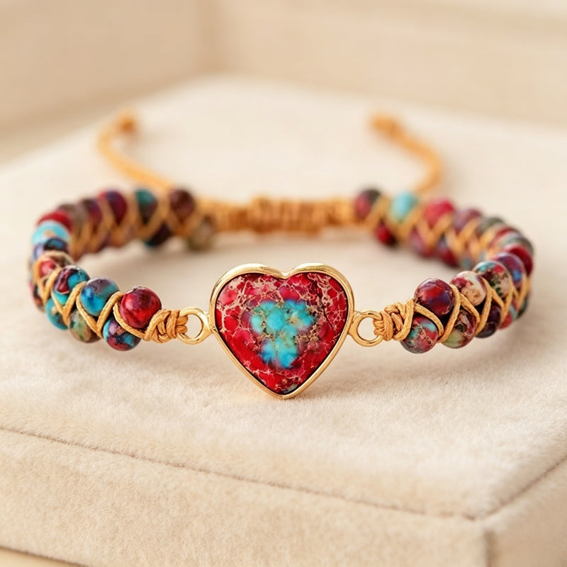 Hand-woven Natural Stone Imperial Heart Bracelet, Adjustable