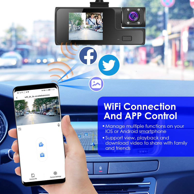 WiFi FHD 1080P Car Dash Cam 3 Channels Front Rear Inside Dash Camera With Loop Recording Reversing Visual 170 Degree Wide Angle 64G Card Included 1Pc