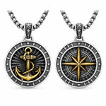 Two-Tone Silver Gold Plated Copper Double Sided Anchor Compass Pendant Necklace, Vintage Nautical  Star Mens Box Chain Necklace
