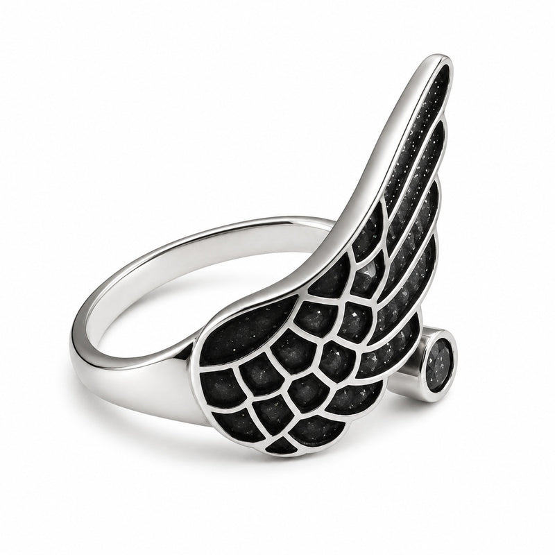 Angel Wing Black Sandstone Inlay Open Adjustable Ring For Men Women, Copper Plated Silver Vintage Gothic Biker Statement Daily Jewelry Gift