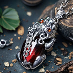Silver Plated Copper Pixiu Pendant Necklace, Vintage Inlaid Oval Red Gem Chinese Wealth Symbol Animal Necklace For Women Men