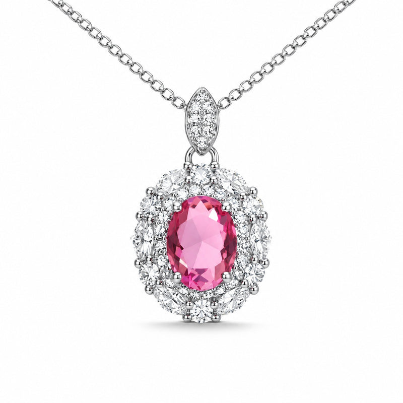 Oval Cut Hot  CZ Double Halo Pendant Necklace For Women, Copper Plated Silver White Cubic Zirconia Vintage Floral Halo Wedding Bridal Statement Jewelry Gift