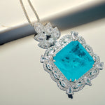 Square Cut Paraiba Blue CZ Multi-Shape Halo Pendant Necklace For Women, Copper Plated Silver Pear & Round White Cubic Zirconia Vintage Luxury Wedding Statement Jewelry Gift