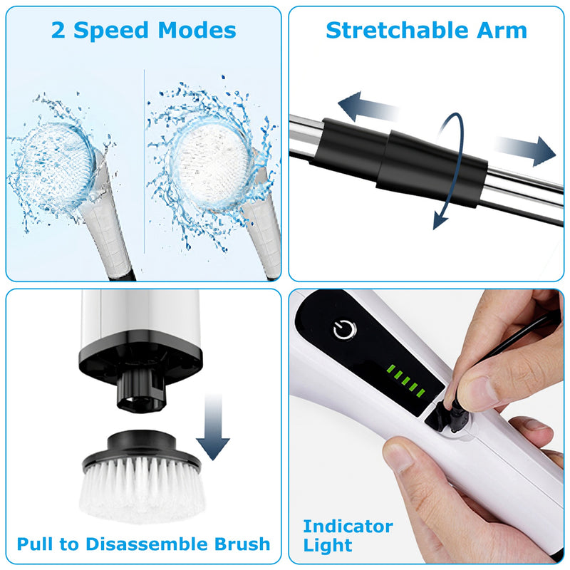 Electric Spin Scrubber Cordless Rechargeable Telescopic Cleaning Brush 8 Replaceable Heads 2 Speed Adjustable Extension Arm Bathroom Tub Tile Floor 1Pc