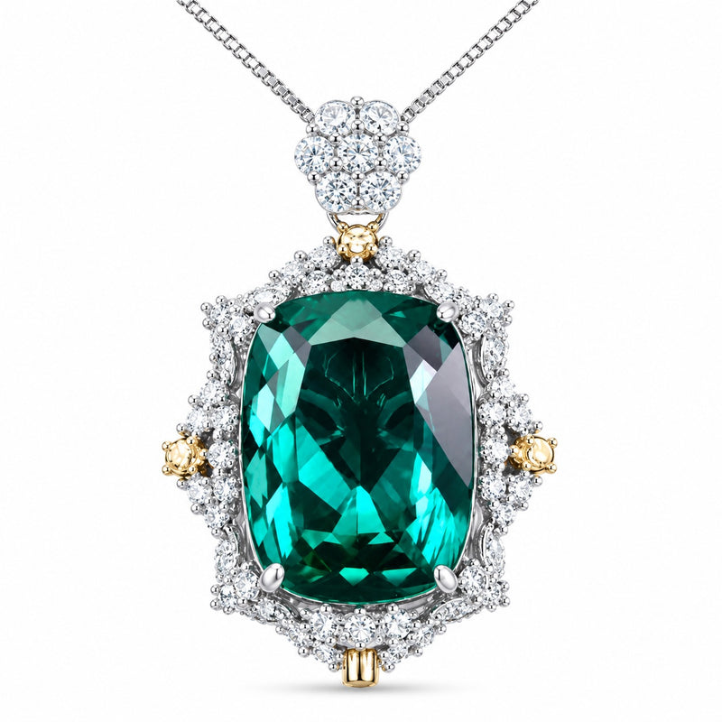 Oval Cut Simulated Emerald Halo Pendant Necklace For Women, Two-Tone Copper Plated Silver White CZ Vintage Royal Wedding Bridal Statement Jewelry Gift
