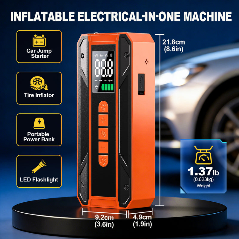 Air Pump Car Jumper Starter Portable Battery Pack With 150PSI Tire Inflator, 12V Jumper Box For Car Charger Battery Booster With LCD Display, 3-Mode Emergency Flashlight