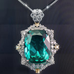 Oval Cut Simulated Emerald Halo Pendant Necklace For Women, Two-Tone Copper Plated Silver White CZ Vintage Royal Wedding Bridal Statement Jewelry Gift