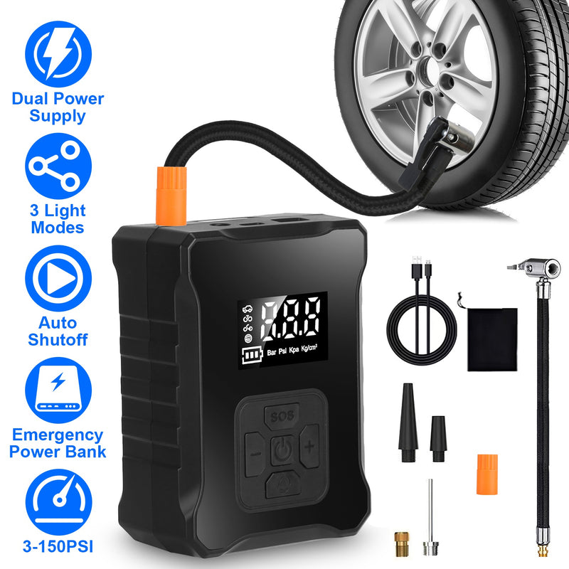 Cordless Tire Inflator Digital Air Compressor With LED Light Emergency Power Bank For Cars Motorcycles Bicycles Balls 1Pc 150PSI