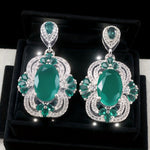 Vintage Oval Emerald CZ Floral Halo Drop Dangle Earrings For Women, Copper Silver Plated Multi Pear Green Crystal White Pave Stone Luxury Wedding Banquet Fine Jewelry Gift