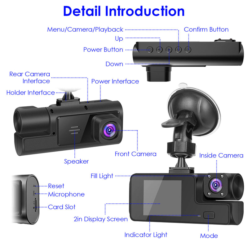 WiFi FHD 1080P Car Dash Cam 3 Channels Front Rear Inside Dash Camera With Loop Recording Reversing Visual 170 Degree Wide Angle 64G Card Included 1Pc