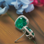 Cushion Shape Emerald Green CZ Single Halo Stud Earrings For Women, Copper Silver Plated White Crystal Vintage Bridal Wedding Daily Statement Jewelry Gift