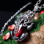 Silver Plated Copper Pixiu Pendant Necklace, Vintage Inlaid Oval Red Gem Chinese Wealth Symbol Animal Necklace For Women Men