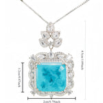 Square Cut Paraiba Blue CZ Multi-Shape Halo Pendant Necklace For Women, Copper Plated Silver Pear & Round White Cubic Zirconia Vintage Luxury Wedding Statement Jewelry Gift