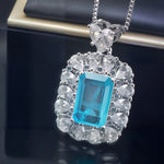 Cushion Cut Blue Cubic Zirconia Halo Pendant Necklace For Women, Copper Plated Silver Heart Bail White Pear Shape CZ Halo Statement Wedding Jewelry Gift