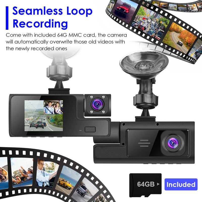 WiFi FHD 1080P Car Dash Cam 3 Channels Front Rear Inside Dash Camera With Loop Recording Reversing Visual 170 Degree Wide Angle 64G Card Included 1Pc